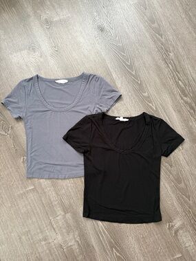 Pink Rose Scoop Neck Short Sleeve Top Duo - Black & Gray